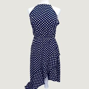 Claudia G Asymmetrical Halter Dress Womens Medium Navy Blue Polka Dot NWT